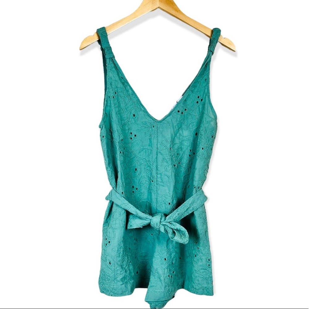 ZARA Sage Green Eyelet Nara Romper XS Floral Tie Waist NWT Bohemian Pastel